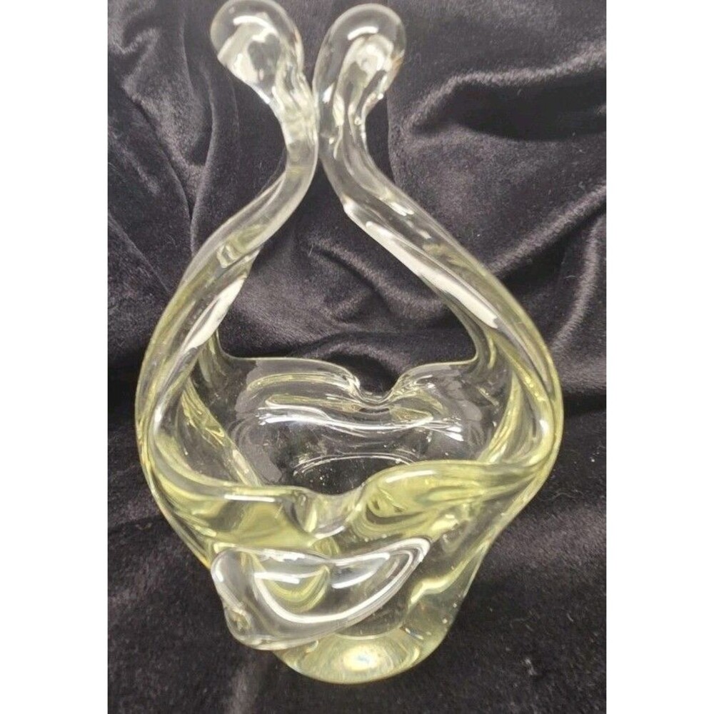 Vintage Clear Art Glass Basket Vase 6.25” Tuscany Style UV Pink Selenium Glow